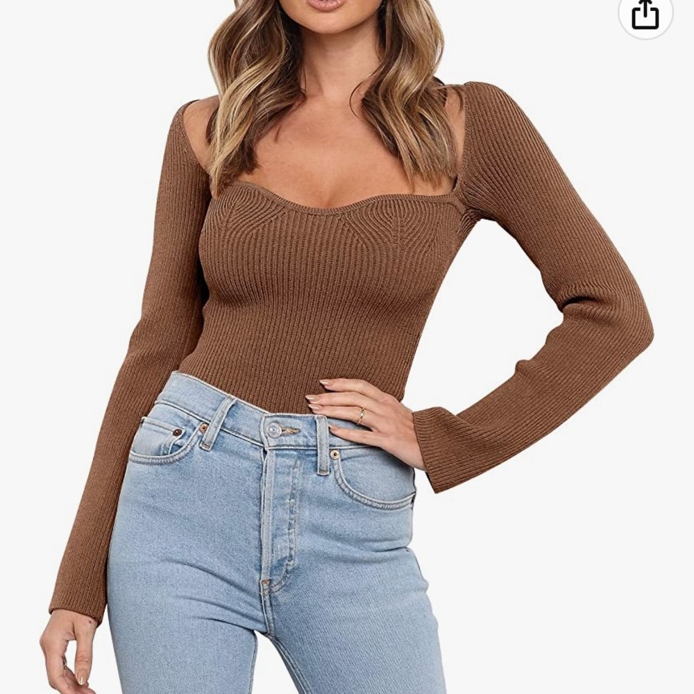 Anrabess Amazon Brown Ribbed Long Sleeve Off The Shoulder Sweater